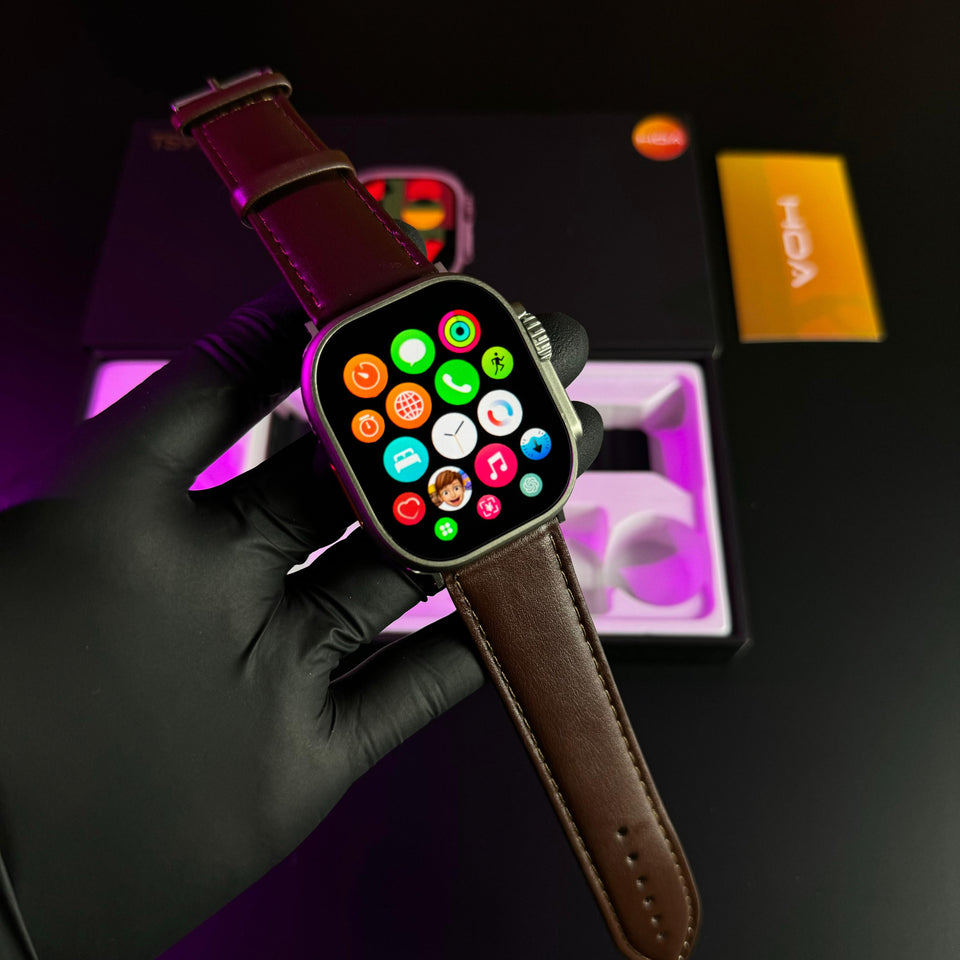 "TS99 Ultra Smartwatch with Brown Leather Strap & Logo"