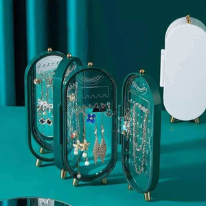 "Foldable Jewelry Organizer with Mirror - 4 Doors, 153 Holes"