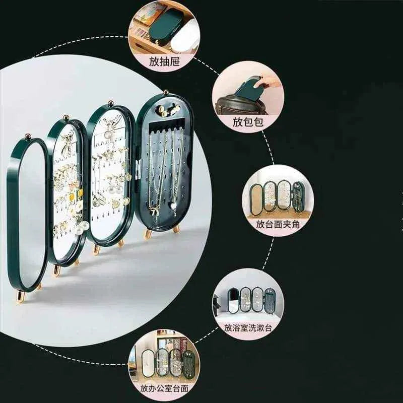 "Foldable Jewelry Organizer with Mirror - 4 Doors, 153 Holes"