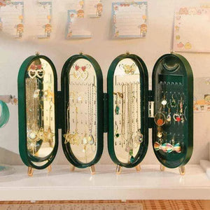 "Foldable Jewelry Organizer with Mirror - 4 Doors, 153 Holes"