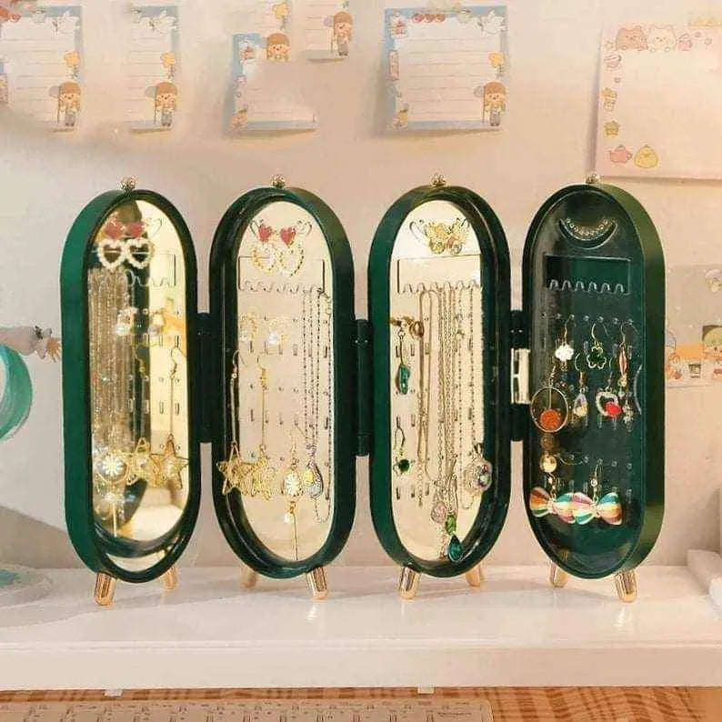 "Foldable Jewelry Organizer with Mirror - 4 Doors, 153 Holes"